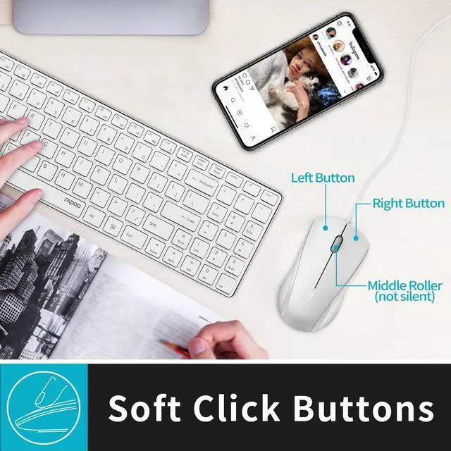 Alt view image 7 of 7 - Button Quiet Wired Mouse, 1000DPI Optical Mouse, Quiet Button, Ergonomic Shape, for Desktop Computers Laptops, Matte White