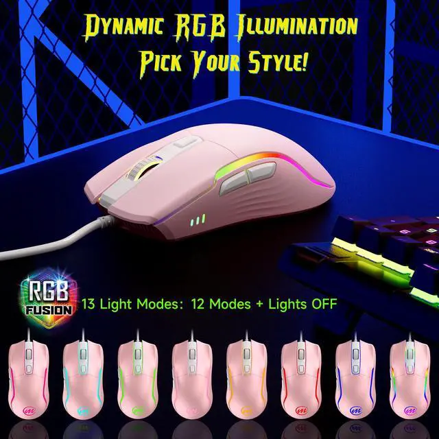 Alt view image 3 of 7 - Wired Gaming Mouse with RGB - 6 Adjustable DPI up to 12800, 6 Buttons, 12 Lighting Modes, Ergonomic Design with Anti-Slip Rubber Wheel, 5.6ft Braided Cable for PC/Mac/Windows - Pink