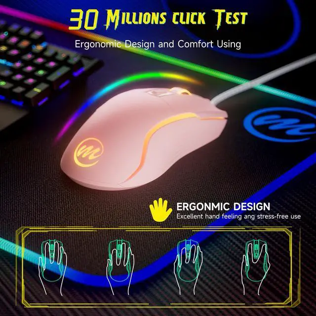 Alt view image 5 of 7 - Wired Gaming Mouse with RGB - 6 Adjustable DPI up to 12800, 6 Buttons, 12 Lighting Modes, Ergonomic Design with Anti-Slip Rubber Wheel, 5.6ft Braided Cable for PC/Mac/Windows - Pink