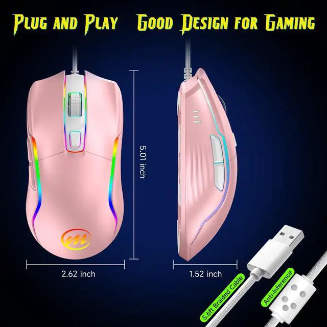 Alt view image 6 of 7 - Wired Gaming Mouse with RGB - 6 Adjustable DPI up to 12800, 6 Buttons, 12 Lighting Modes, Ergonomic Design with Anti-Slip Rubber Wheel, 5.6ft Braided Cable for PC/Mac/Windows - Pink