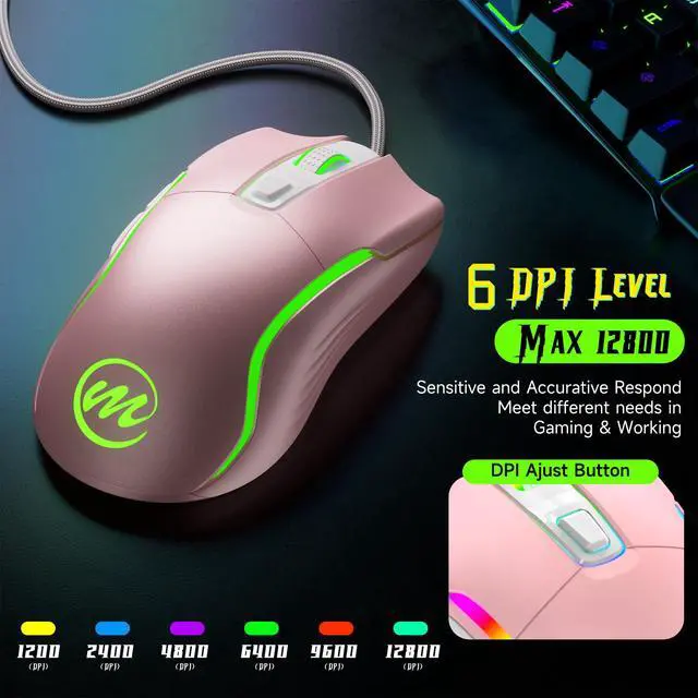 Alt view image 2 of 7 - Wired Gaming Mouse with RGB - 6 Adjustable DPI up to 12800, 6 Buttons, 12 Lighting Modes, Ergonomic Design with Anti-Slip Rubber Wheel, 5.6ft Braided Cable for PC/Mac/Windows - Pink