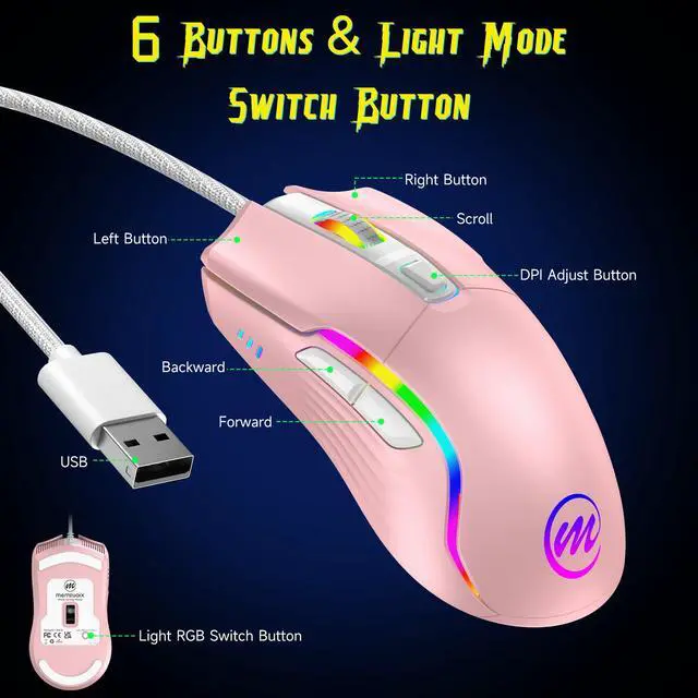 Alt view image 4 of 7 - Wired Gaming Mouse with RGB - 6 Adjustable DPI up to 12800, 6 Buttons, 12 Lighting Modes, Ergonomic Design with Anti-Slip Rubber Wheel, 5.6ft Braided Cable for PC/Mac/Windows - Pink