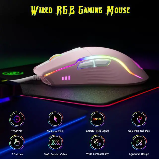 Alt view image 7 of 7 - Wired Gaming Mouse with RGB - 6 Adjustable DPI up to 12800, 6 Buttons, 12 Lighting Modes, Ergonomic Design with Anti-Slip Rubber Wheel, 5.6ft Braided Cable for PC/Mac/Windows - Pink
