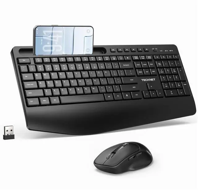 Main image of Wireless Keyboard and Mouse Combo, Full Size Ergonomic Keyboard and Mouse with Wrist Rest & Phone Tablet Holder, Sleep Mode, 2.4G Lag-Free Cordless Silent Computer Mouse for Laptop PC Windows