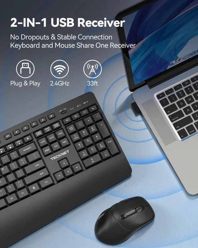 Alt view image 3 of 7 - Wireless Keyboard and Mouse Combo, Full Size Ergonomic Keyboard and Mouse with Wrist Rest & Phone Tablet Holder, Sleep Mode, 2.4G Lag-Free Cordless Silent Computer Mouse for Laptop PC Windows