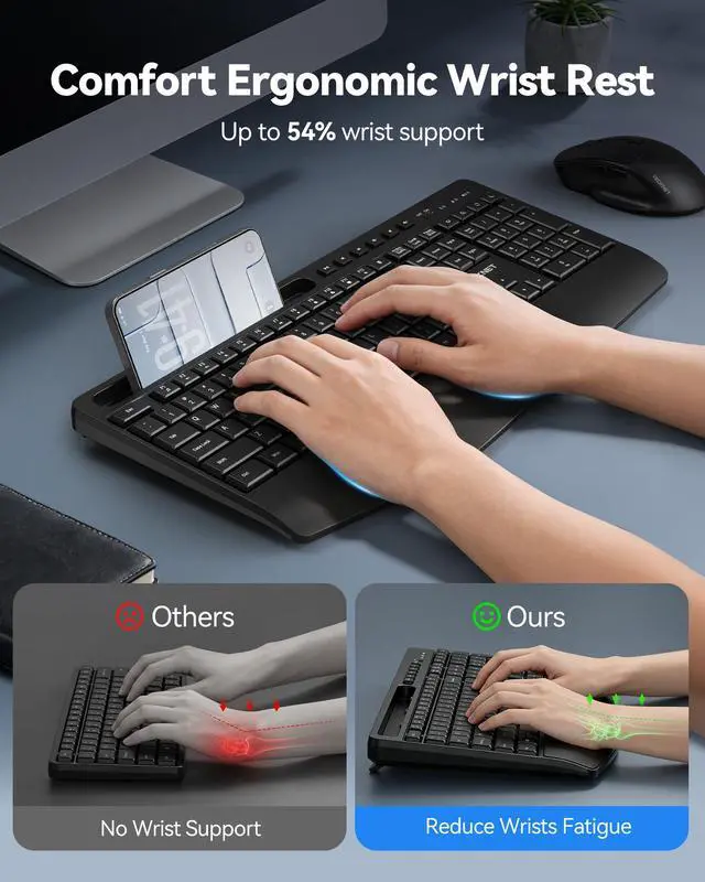 Alt view image 2 of 7 - Wireless Keyboard and Mouse Combo, Full Size Ergonomic Keyboard and Mouse with Wrist Rest & Phone Tablet Holder, Sleep Mode, 2.4G Lag-Free Cordless Silent Computer Mouse for Laptop PC Windows