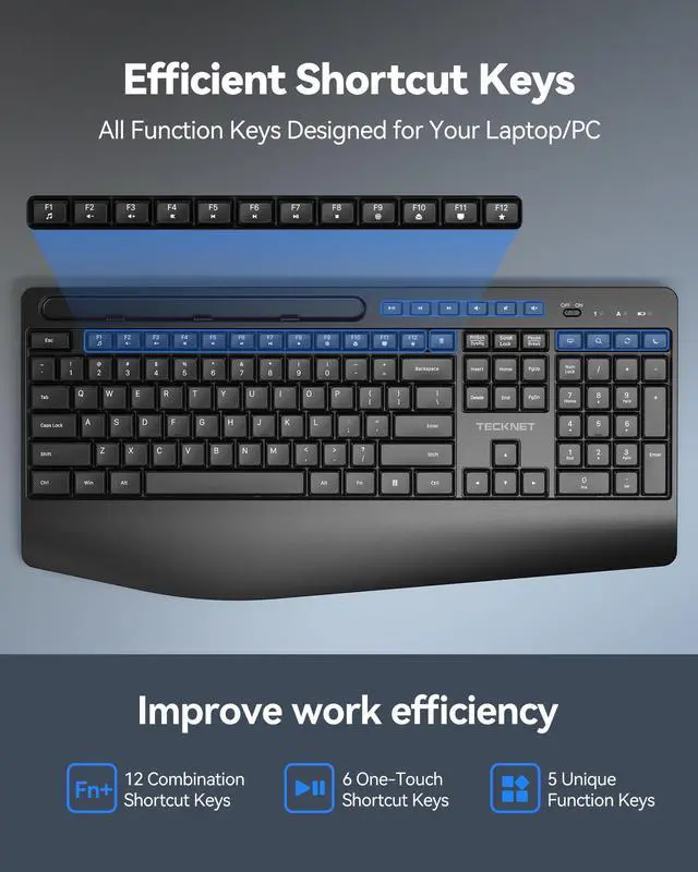 Alt view image 4 of 7 - Wireless Keyboard and Mouse Combo, Full Size Ergonomic Keyboard and Mouse with Wrist Rest & Phone Tablet Holder, Sleep Mode, 2.4G Lag-Free Cordless Silent Computer Mouse for Laptop PC Windows