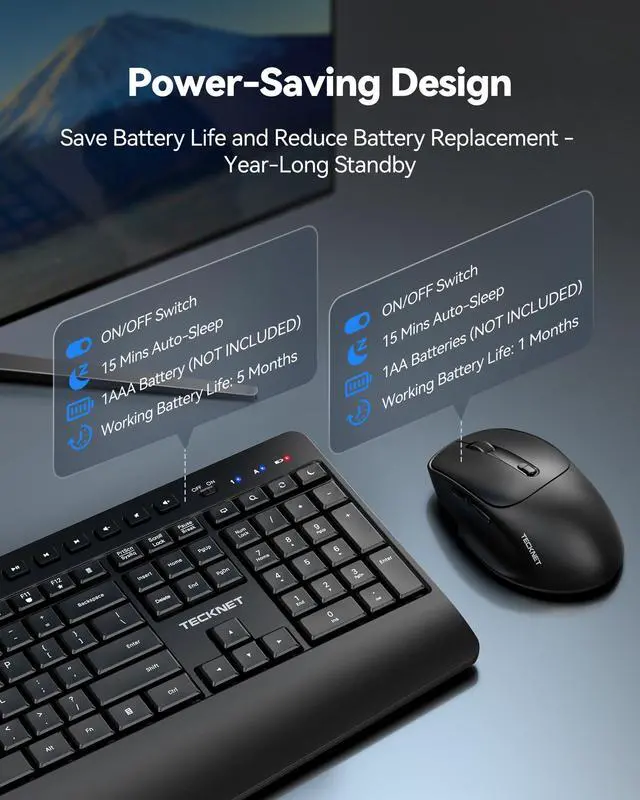 Alt view image 6 of 7 - Wireless Keyboard and Mouse Combo, Full Size Ergonomic Keyboard and Mouse with Wrist Rest & Phone Tablet Holder, Sleep Mode, 2.4G Lag-Free Cordless Silent Computer Mouse for Laptop PC Windows