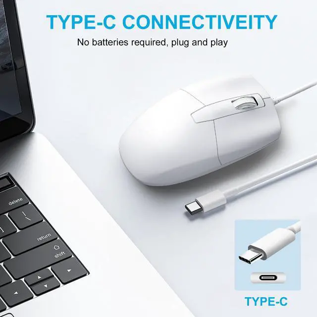 Alt view image 3 of 7 - USB C Wired Mouse, Type C Optical Mouse, Portable Silent Comfortable, for Laptop, Mac, MacBook, Android, PC, White