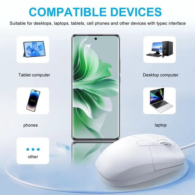 Alt view image 6 of 7 - USB C Wired Mouse, Type C Optical Mouse, Portable Silent Comfortable, for Laptop, Mac, MacBook, Android, PC, White
