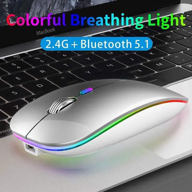 Alt view image 2 of 7 - Wireless Bluetooth Mouse, LED Slim (Bluetooth 5.1 + USB) 2.4GHz Rechargeable Silent Bluetooth Wireless Mouse with Type C Adapter for Laptop/MacBook/iPad OS 13 and Above (Silver)
