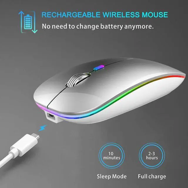 Alt view image 6 of 7 - Wireless Bluetooth Mouse, LED Slim (Bluetooth 5.1 + USB) 2.4GHz Rechargeable Silent Bluetooth Wireless Mouse with Type C Adapter for Laptop/MacBook/iPad OS 13 and Above (Silver)