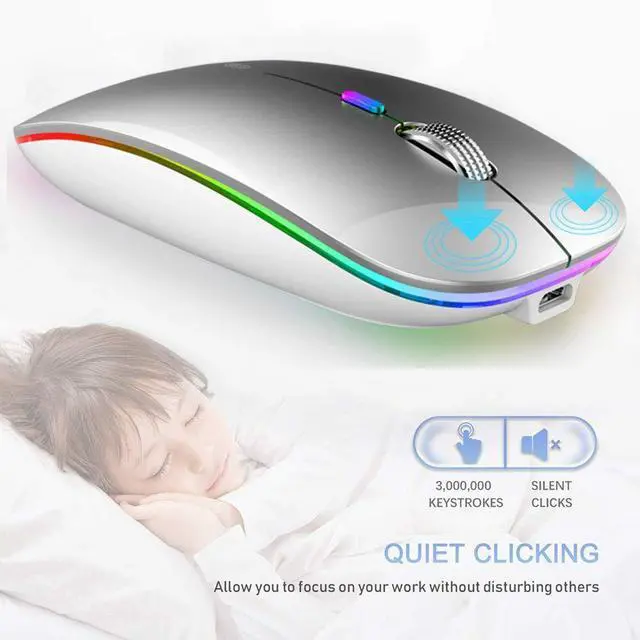 Alt view image 5 of 7 - Wireless Bluetooth Mouse, LED Slim (Bluetooth 5.1 + USB) 2.4GHz Rechargeable Silent Bluetooth Wireless Mouse with Type C Adapter for Laptop/MacBook/iPad OS 13 and Above (Silver)