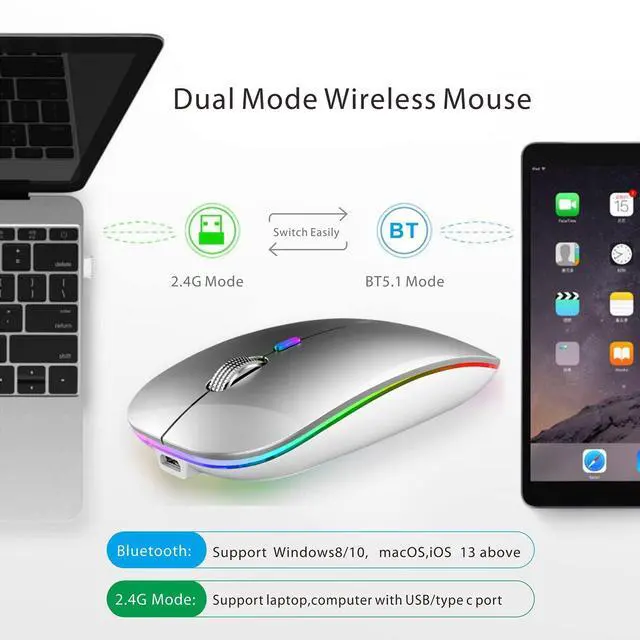 Alt view image 3 of 7 - Wireless Bluetooth Mouse, LED Slim (Bluetooth 5.1 + USB) 2.4GHz Rechargeable Silent Bluetooth Wireless Mouse with Type C Adapter for Laptop/MacBook/iPad OS 13 and Above (Silver)