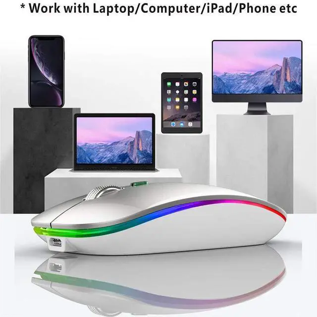 Alt view image 7 of 7 - Wireless Bluetooth Mouse, LED Slim (Bluetooth 5.1 + USB) 2.4GHz Rechargeable Silent Bluetooth Wireless Mouse with Type C Adapter for Laptop/MacBook/iPad OS 13 and Above (Silver)