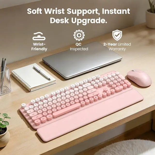 Alt view image 2 of 7 - Wireless Keyboard and Mouse Combo, Magnetic Soft-Touch Wrist Rest, Round Keycaps, Full-Size Retro Typewriter Keyboard, 2-Stage Tilt Legs, Auto Sleep, 2.4GHz Cordless for Windows PC, Blush Pink Ombre