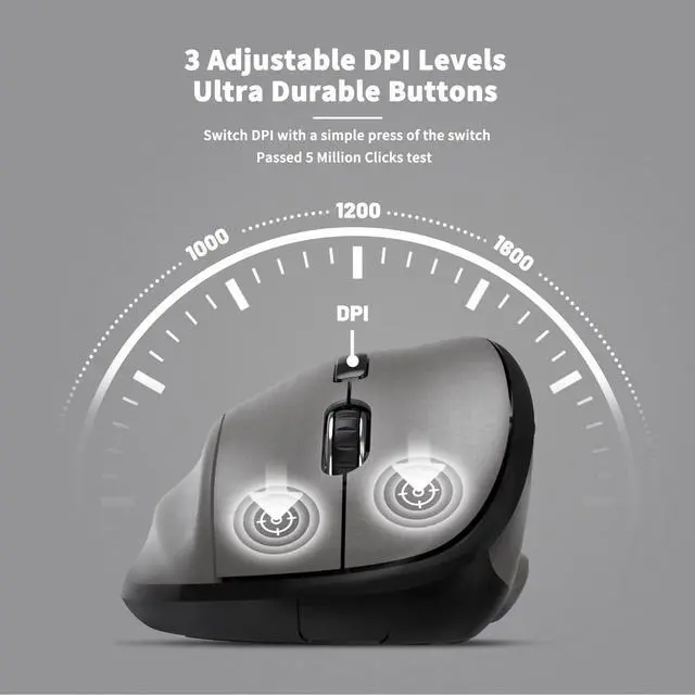 Alt view image 4 of 6 - Wireless Mouse with USB Receiver for PC Computer, Laptop and Desktop, Ergo Vertical Mouse with Silent Clicks Long Battery Life, Up to 1600 DPI & 1 AA Battery Powered, Grey
