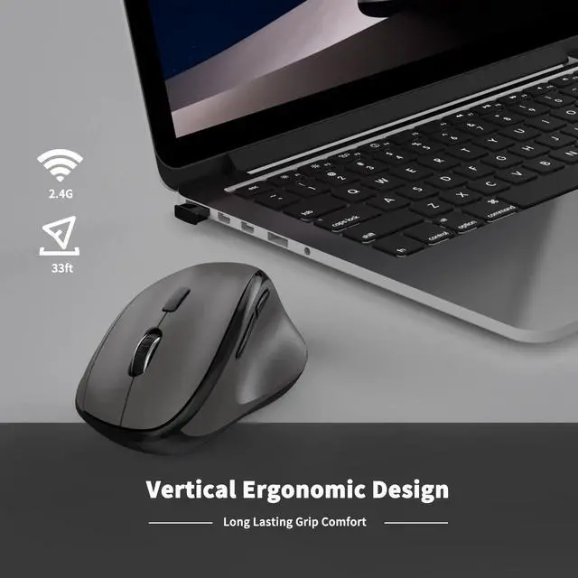 Alt view image 6 of 6 - Wireless Mouse with USB Receiver for PC Computer, Laptop and Desktop, Ergo Vertical Mouse with Silent Clicks Long Battery Life, Up to 1600 DPI & 1 AA Battery Powered, Grey