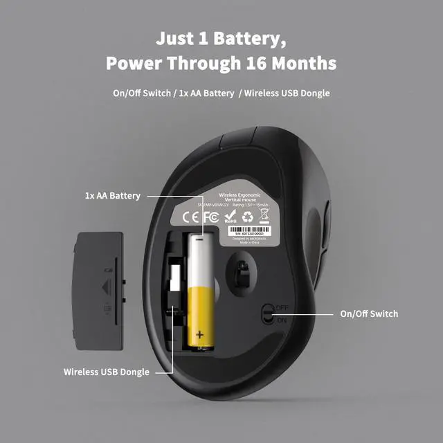 Alt view image 5 of 6 - Wireless Mouse with USB Receiver for PC Computer, Laptop and Desktop, Ergo Vertical Mouse with Silent Clicks Long Battery Life, Up to 1600 DPI & 1 AA Battery Powered, Grey