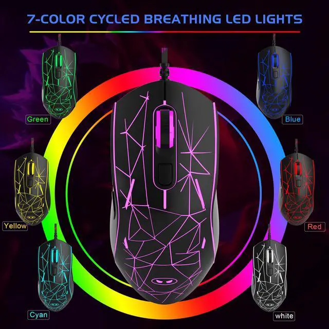 Alt view image 2 of 7 - Wired Gaming Mouse, Ergonomic USB Optical Mouse with 7 Colors Breathing LED Backlit, 6 Adjustable Speed Levels from 600 to 3200 for Laptop PC Computer Games & Work, Black