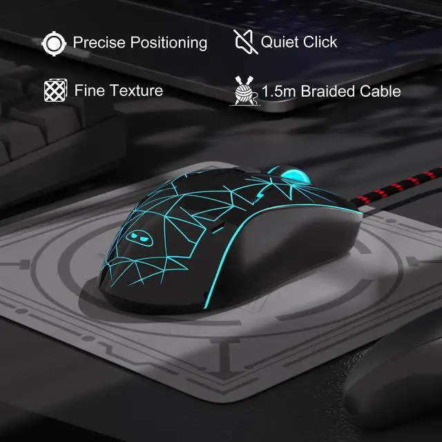 Alt view image 3 of 7 - Wired Gaming Mouse, Ergonomic USB Optical Mouse with 7 Colors Breathing LED Backlit, 6 Adjustable Speed Levels from 600 to 3200 for Laptop PC Computer Games & Work, Black