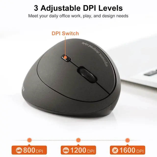 Alt view image 4 of 7 - Wireless Ergonomic Mouse, Optical Vertical Ergo Mice for Small Hands, Reduce Wrist Strain, 800/1200/1600 DPI, 5 Buttons, Compatible with MacBook, Laptop, Windows, Mac OS, Black