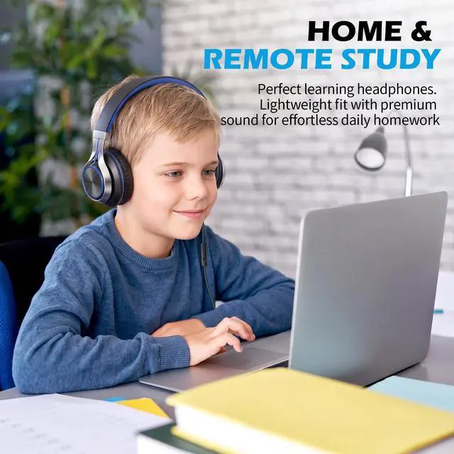 Alt view image 7 of 7 - Kids Wired Headphones with Microphone for School, On Ear Headsets with Volume Control Foldable, 3.5mm Jack Computer Chromebook for Children Teens Classroom Online Learning (Black Blue)