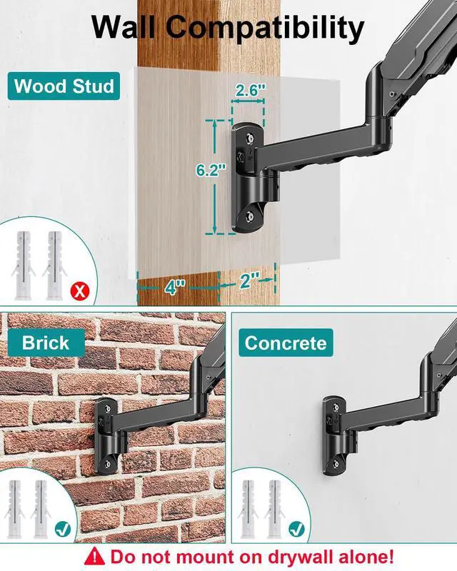 Alt view image 5 of 7 - Single Monitor Wall Mount for 13 to 32 Inch Computer Screens, Height Adjustable Wall Mount Monitor Arm Holds Up to 19.8lbs, Full Motion Wall Bracket, VESA Mount 75x75, 100x100, Black