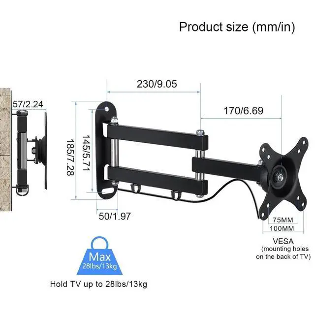 Alt view image 7 of 7 - TV Wall Bracket Mount Swivel and Tilt for Most 15"-32" LED, LCD, OLED Flat Screen TVs and Monitors with VESA 75x75-100x100mm up to 13kg Full Motion Monitor Wall Bracket MA2720