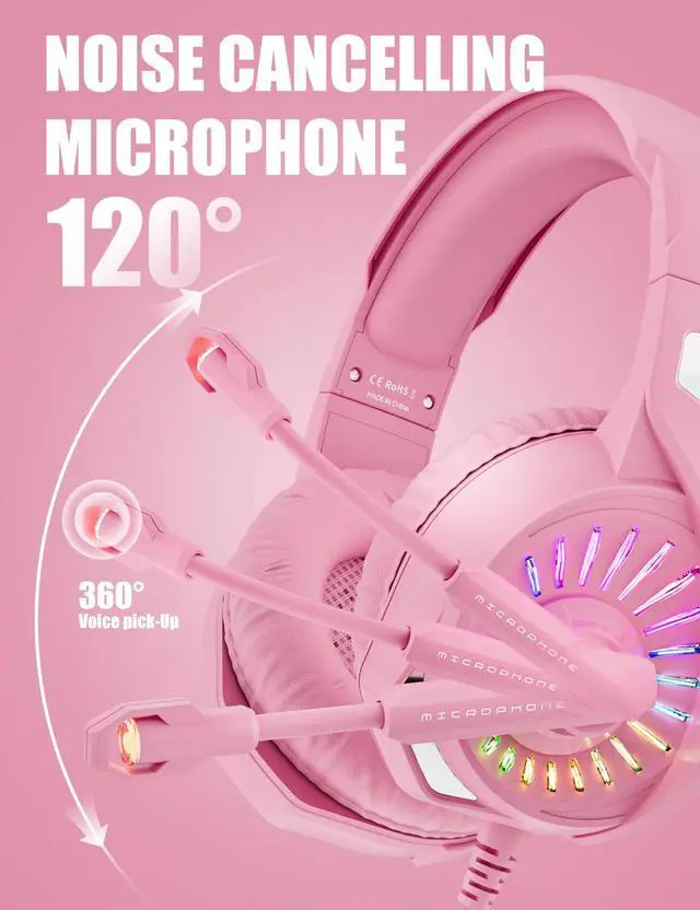 Alt view image 3 of 7 - Pink Gaming Headset with Microphone, Compatible with PS4 PS5 Xbox One PC Laptop, Over-Ear Headphones with LED RGB Light, Noise Canceling Mic, Stereo Surround Sound (Pink)