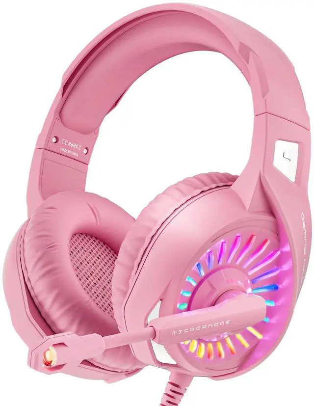Main image of Pink Gaming Headset with Microphone, Compatible with PS4 PS5 Xbox One PC Laptop, Over-Ear Headphones with LED RGB Light, Noise Canceling Mic, Stereo Surround Sound (Pink)