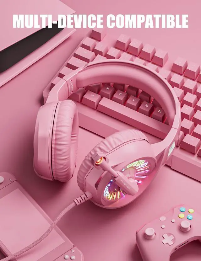 Alt view image 4 of 7 - Pink Gaming Headset with Microphone, Compatible with PS4 PS5 Xbox One PC Laptop, Over-Ear Headphones with LED RGB Light, Noise Canceling Mic, Stereo Surround Sound (Pink)