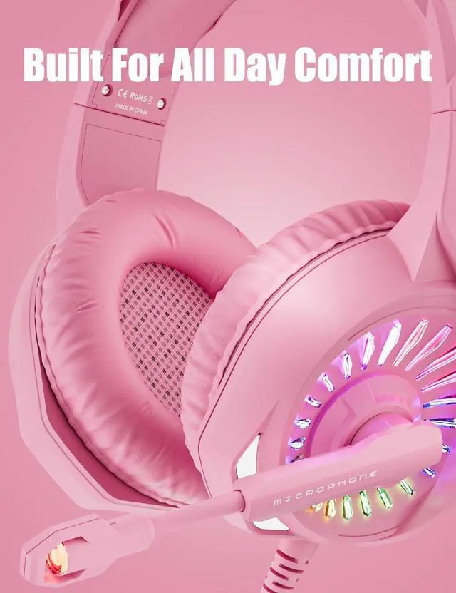 Alt view image 6 of 7 - Pink Gaming Headset with Microphone, Compatible with PS4 PS5 Xbox One PC Laptop, Over-Ear Headphones with LED RGB Light, Noise Canceling Mic, Stereo Surround Sound (Pink)