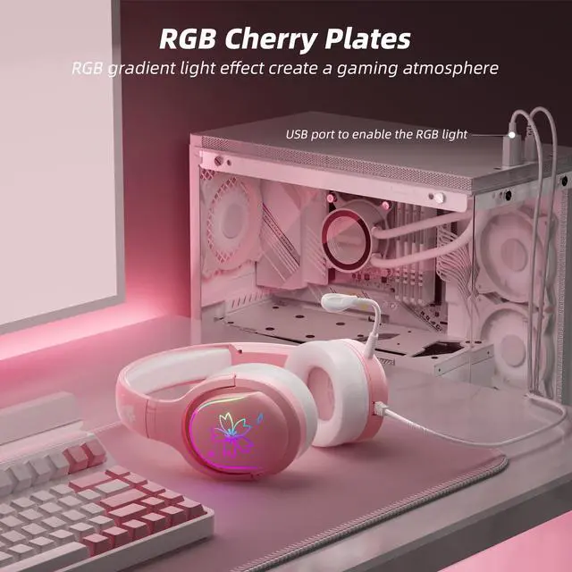 Alt view image 2 of 7 - Cherry Blossoms Wired Gaming Headset, 360° Rotation Mic, Soft Earmuff Gaming Headphones for PS4, PS5, PC & MAC, Switch, RGB Gradient Light Effect