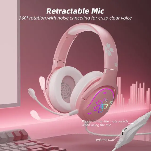 Alt view image 4 of 7 - Cherry Blossoms Wired Gaming Headset, 360° Rotation Mic, Soft Earmuff Gaming Headphones for PS4, PS5, PC & MAC, Switch, RGB Gradient Light Effect