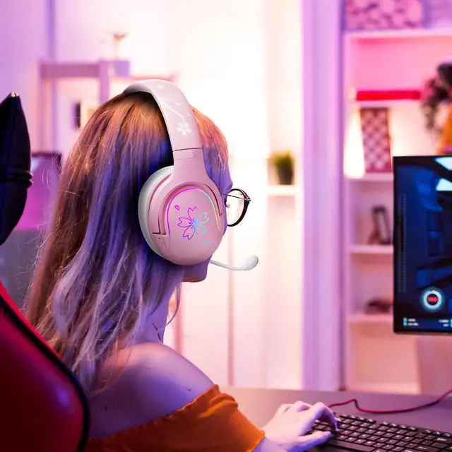Alt view image 6 of 7 - Cherry Blossoms Wired Gaming Headset, 360° Rotation Mic, Soft Earmuff Gaming Headphones for PS4, PS5, PC & MAC, Switch, RGB Gradient Light Effect