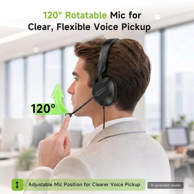 Alt view image 6 of 7 - Headset with Microphone for PC - ENC Noise Cancelling Headphones with Mic, Dual USB C Headset with Microphone & USB, 40mm Drivers Wired Headset with Mic for Work, Call Center Headset for Office