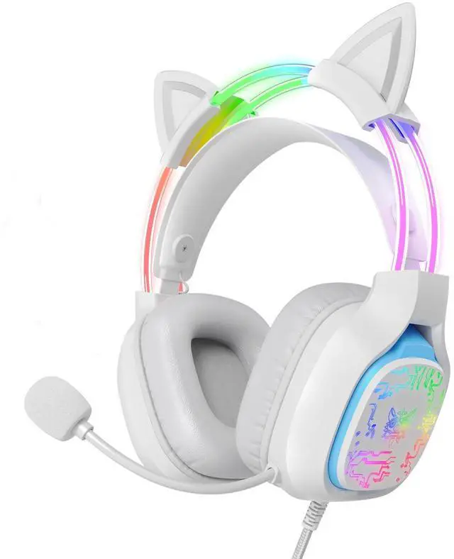 Main image of Gaming Headset with Microphone, RGB Lights, Detachable Cat Ear, Lightweight Over-Ear Headphones with Adjustable Headband for PC, PS4, PS5, Mac, Switch, Surround Sound, in-Line Control, White