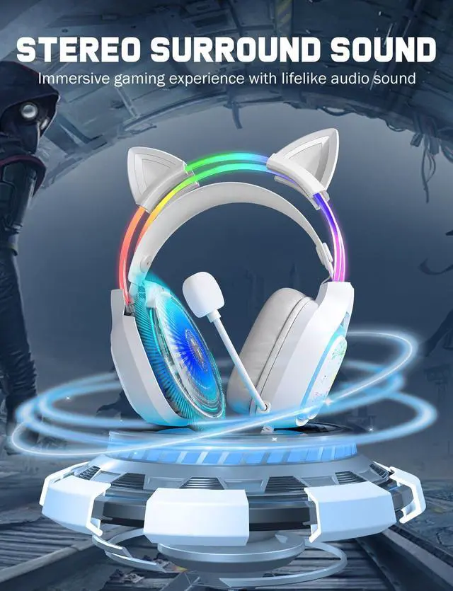 Alt view image 2 of 7 - Gaming Headset with Microphone, RGB Lights, Detachable Cat Ear, Lightweight Over-Ear Headphones with Adjustable Headband for PC, PS4, PS5, Mac, Switch, Surround Sound, in-Line Control, White