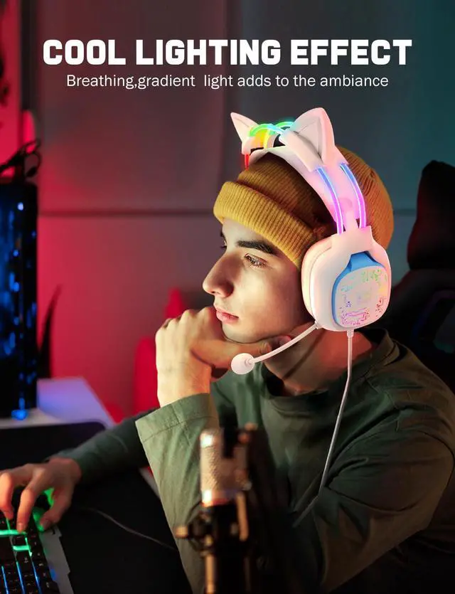 Alt view image 3 of 7 - Gaming Headset with Microphone, RGB Lights, Detachable Cat Ear, Lightweight Over-Ear Headphones with Adjustable Headband for PC, PS4, PS5, Mac, Switch, Surround Sound, in-Line Control, White