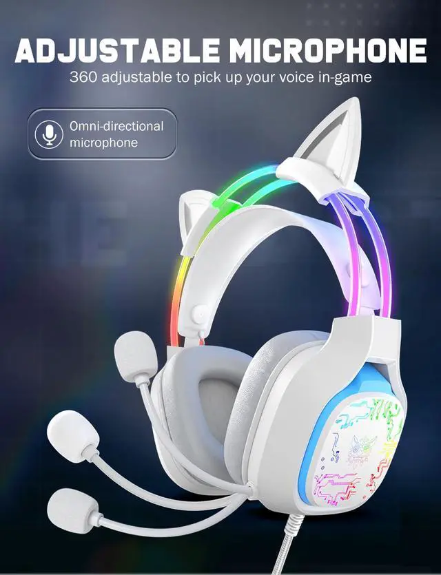 Alt view image 5 of 7 - Gaming Headset with Microphone, RGB Lights, Detachable Cat Ear, Lightweight Over-Ear Headphones with Adjustable Headband for PC, PS4, PS5, Mac, Switch, Surround Sound, in-Line Control, White