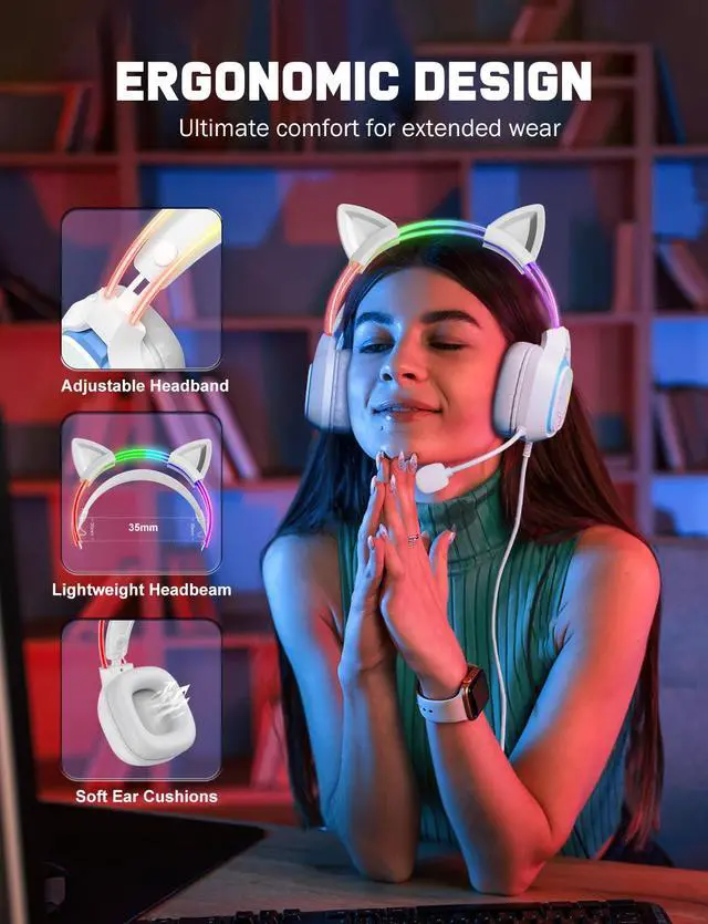 Alt view image 6 of 7 - Gaming Headset with Microphone, RGB Lights, Detachable Cat Ear, Lightweight Over-Ear Headphones with Adjustable Headband for PC, PS4, PS5, Mac, Switch, Surround Sound, in-Line Control, White