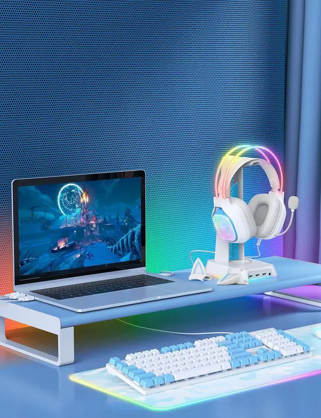 Alt view image 7 of 7 - Gaming Headset with Microphone, RGB Lights, Detachable Cat Ear, Lightweight Over-Ear Headphones with Adjustable Headband for PC, PS4, PS5, Mac, Switch, Surround Sound, in-Line Control, White
