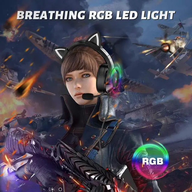 Alt view image 2 of 6 - Cat Ear Gaming Cute Headset, Wired Headphones with Microphone, Surround Sound, LED Backlight for PS4, PS5, PC, Mobile Phone (Black)
