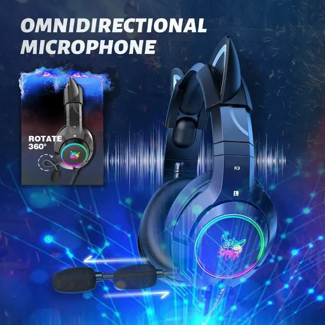 Alt view image 4 of 6 - Cat Ear Gaming Cute Headset, Wired Headphones with Microphone, Surround Sound, LED Backlight for PS4, PS5, PC, Mobile Phone (Black)