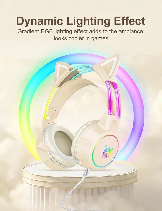 Alt view image 2 of 7 - Lightweight Gaming Headset with Detachable Cat Ears, RGB Lighting, Wired Over Ear Headphones with Mic for PC Laptop PS4 PS5 Switch, Stereo Surround Sound, Self-Adjusting Headband