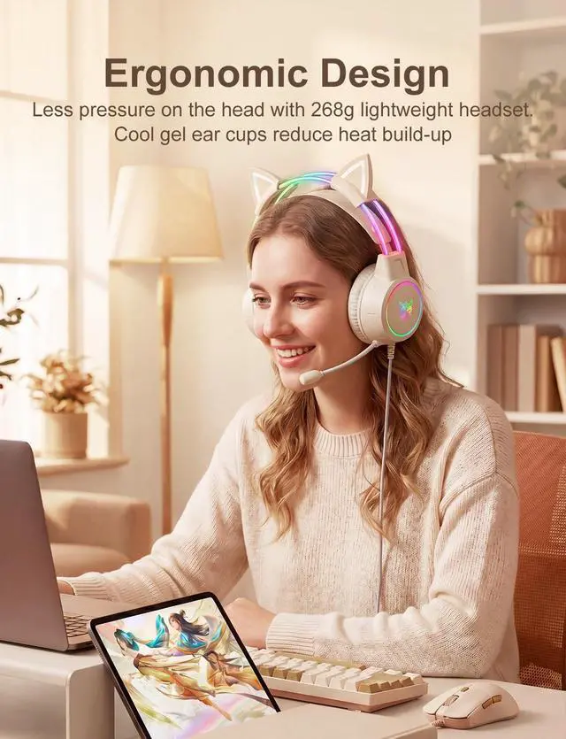 Alt view image 5 of 7 - Lightweight Gaming Headset with Detachable Cat Ears, RGB Lighting, Wired Over Ear Headphones with Mic for PC Laptop PS4 PS5 Switch, Stereo Surround Sound, Self-Adjusting Headband