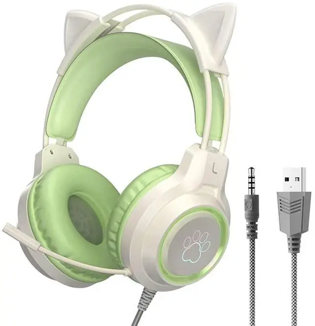 Main image of Gaming Headset with Removable Cat Ears, 3.5mm Wired Headphones with Adjustable Microphone, Extendable Padded headband, Noise Cancelling and RGB Light Headphones for Xbox/PS4/Switch/Mac/Phone (Green)