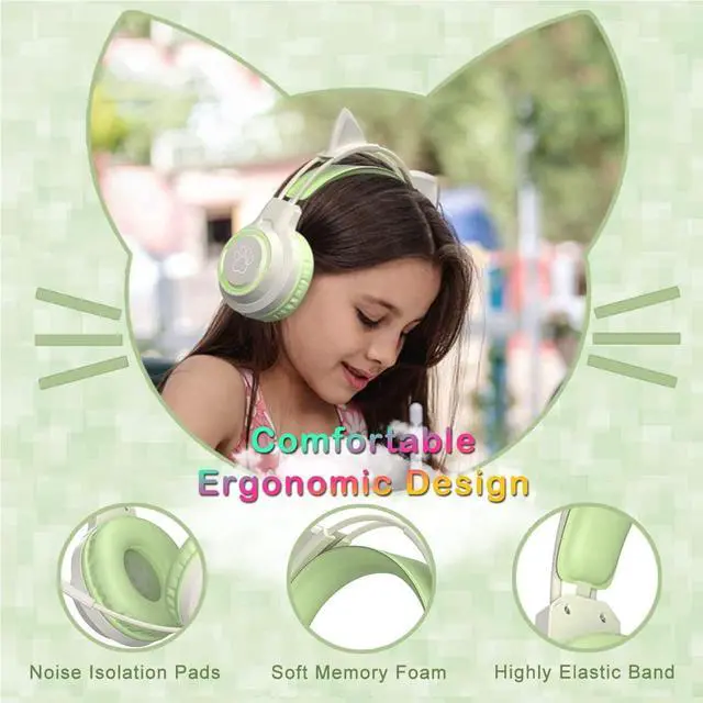 Alt view image 2 of 7 - Gaming Headset with Removable Cat Ears, 3.5mm Wired Headphones with Adjustable Microphone, Extendable Padded headband, Noise Cancelling and RGB Light Headphones for Xbox/PS4/Switch/Mac/Phone (Green)