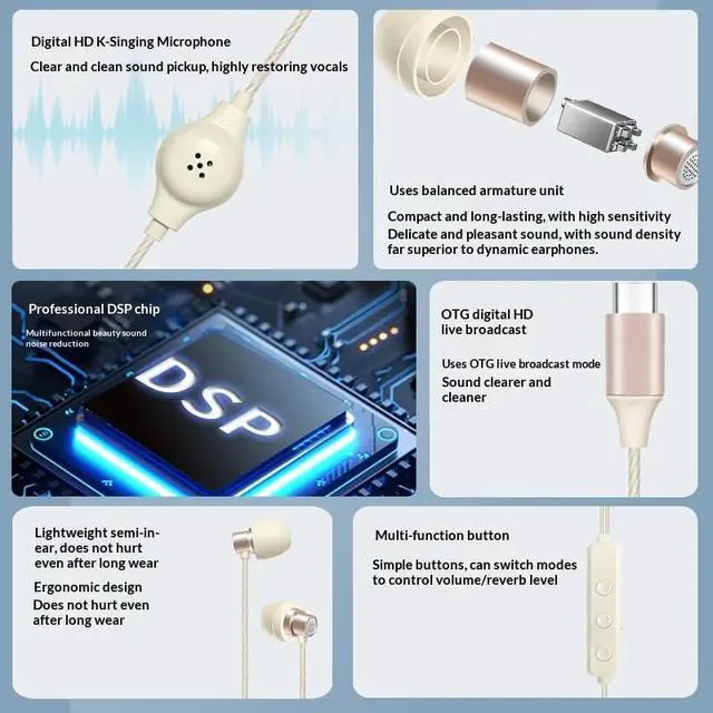 Alt view image 3 of 7 - All-in-One Karaoke Headset with Built-in Sound Card, Voice ChangerReverb. in-Ear Monitor, Portable Audio Interface, for Live Streaming, Recording, Gaming, Calls, Gift (Pink)